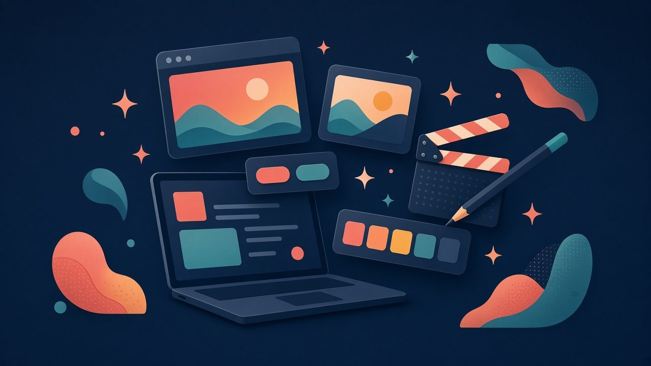 Dark navy illustration of a laptop surrounded by browser windows, a color palette, a film clapperboard and a pencil