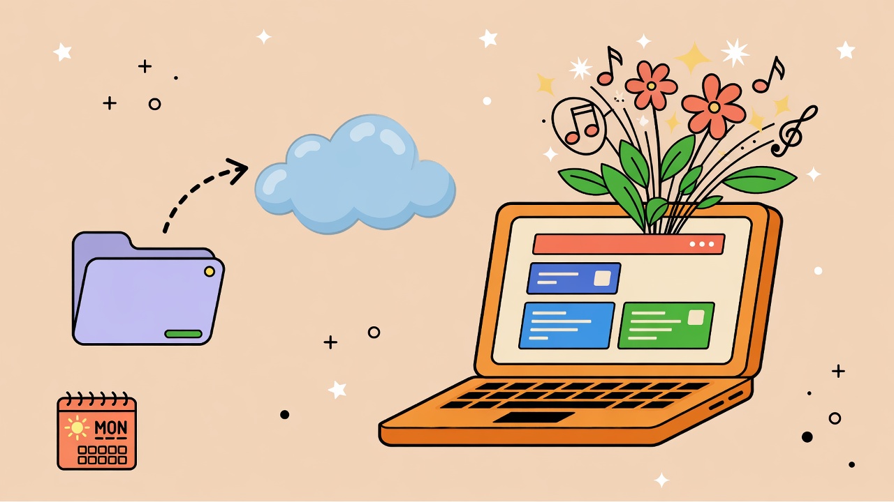 Flat illustrated graphic of a laptop with modular page blocks blooming into colorful shapes, a workspace file icon, and an arrow toward a cloud