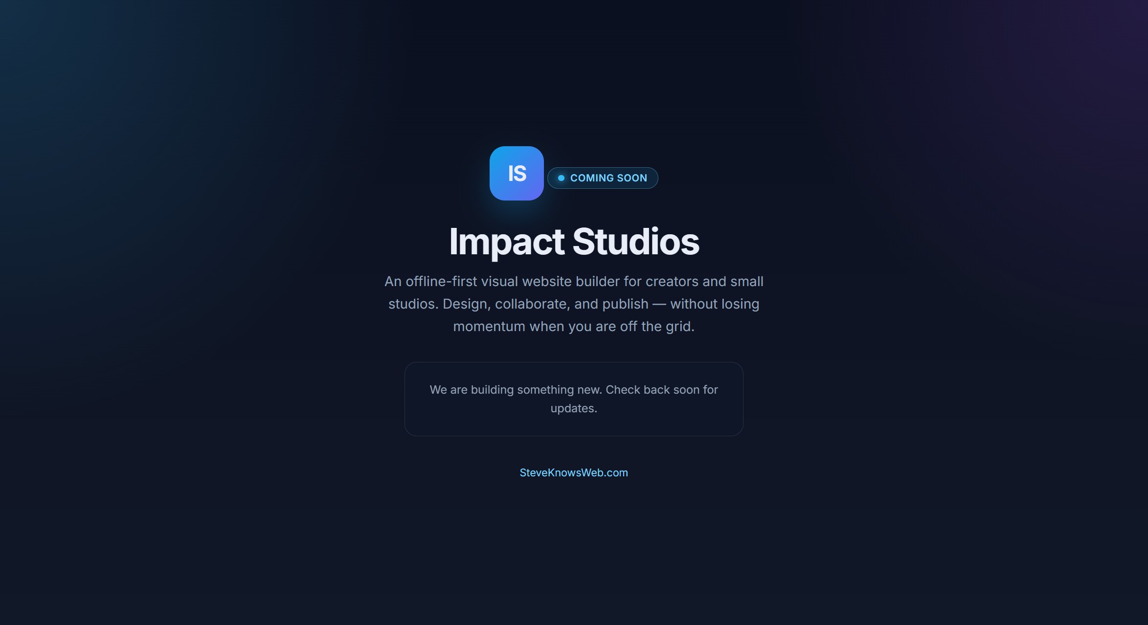 Screenshot of the impactstudios.app coming soon page with a dark gradient background, Impact Studios heading, and a coming soon badge