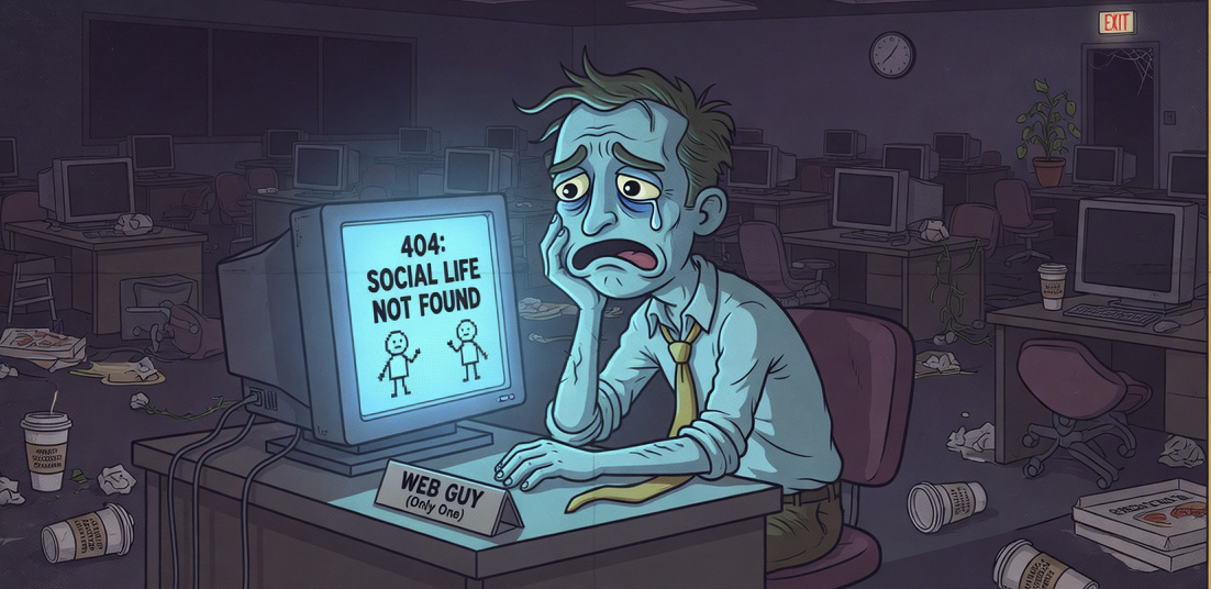Humorous vintage travel poster illustration of a lonely guy alone in an empty office at night, staring sadly at a computer screen with a funny exaggerated expression
