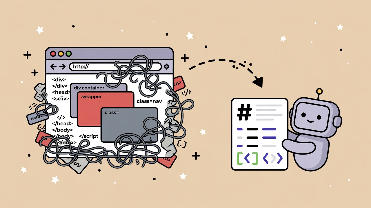 Lottie-style flat illustration of a cluttered HTML browser window connected by a dashed arrow to a friendly robot holding a clean Markdown document