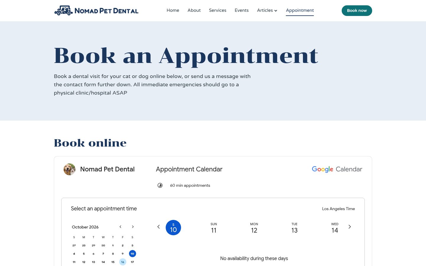Nomad Pet Dental appointment page with the embedded Google Calendar booking schedule