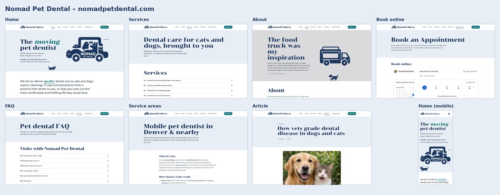 Pages of the Nomad Pet Dental website on desktop and mobile