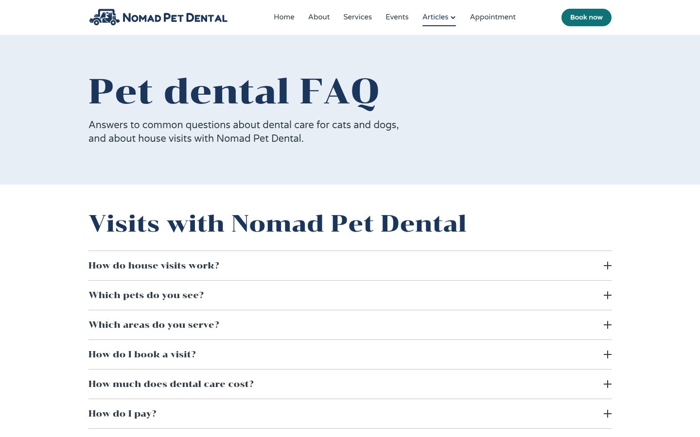 Nomad Pet Dental pet dental FAQ page with accordion questions