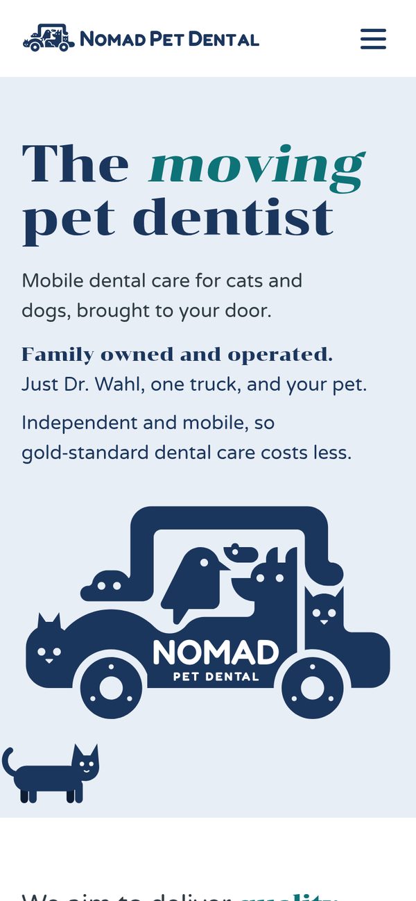 Nomad Pet Dental homepage on a phone