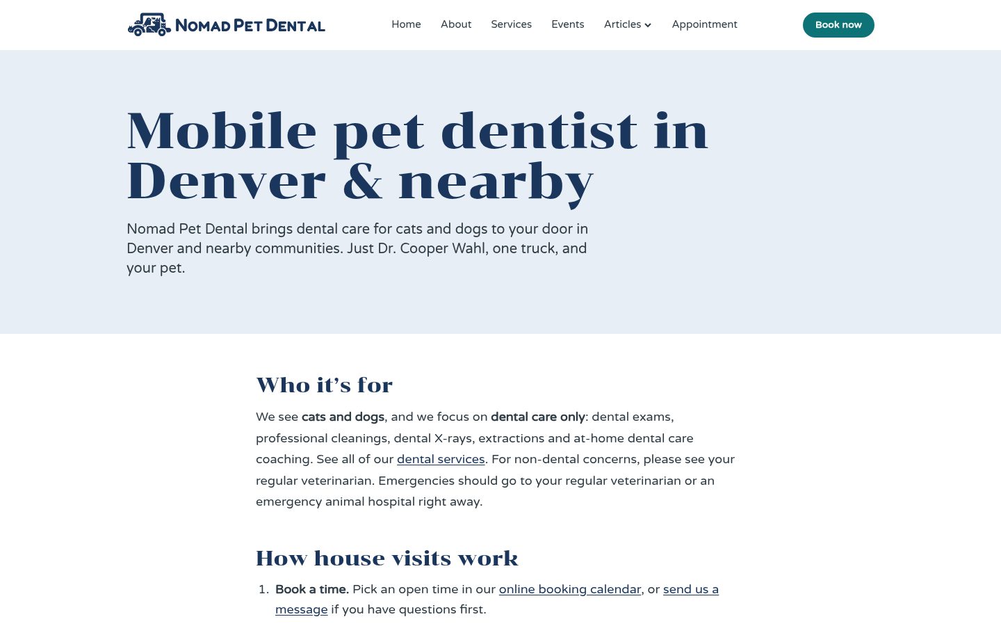 Nomad Pet Dental service areas page: Mobile pet dentist in Denver and nearby