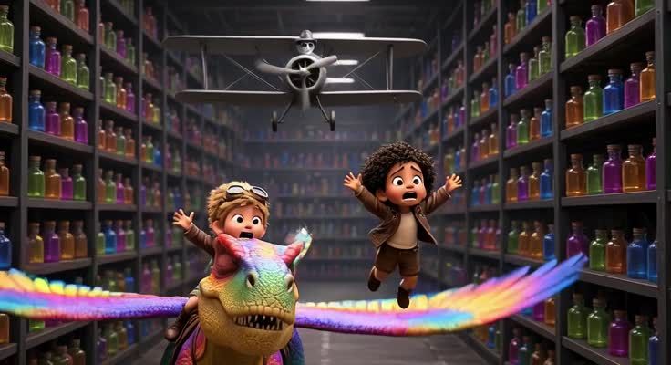 A winged rainbow T-rex catches a tiny girl in mid air