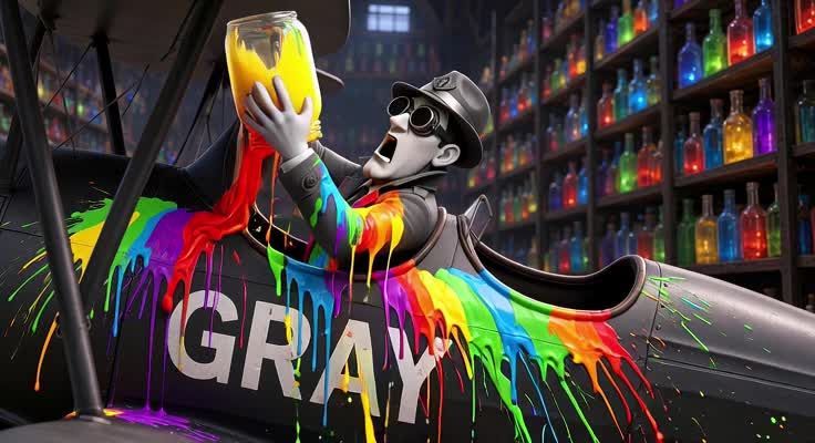 Captain Gray splashed with rainbow paint in a warehouse