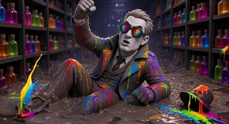 Captain Gray, dripping with rainbow paint, still standing in the warehouse