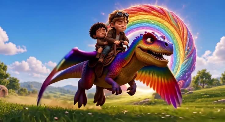 The rainbow T-rex racing toward a floating rainbow gate