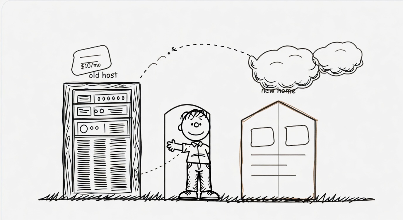 Black-and-white Peanuts-era style ink drawing of a small figure stepping through a doorway from a heavy old host building toward a lighter new home with scribbled clouds above