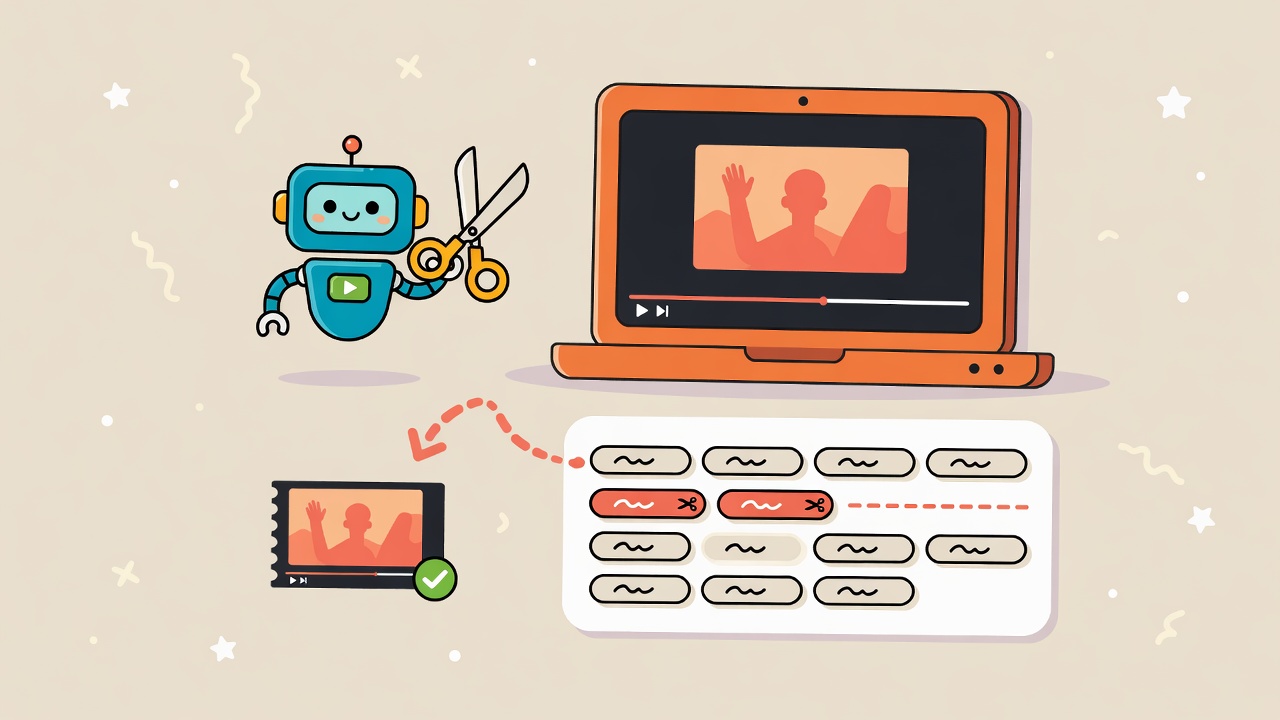 Flat illustrated graphic of a friendly robot with scissors editing a video transcript — red words are cut from the export